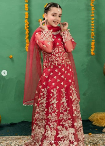 AL-4091 - Kids Choli Lehenga in red with intricate white floral embroidery, featuring chiffon, net, and organza for festive occasions.