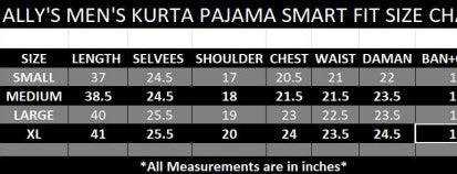 Size chart for men's kurta pajama smart fit, detailing measurements for small, medium, large, and XL sizes in inches.