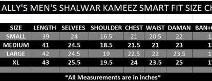 Size chart for men's shalwar kameez smart fit, providing measurements for small, medium, large, and XL sizes in inches.