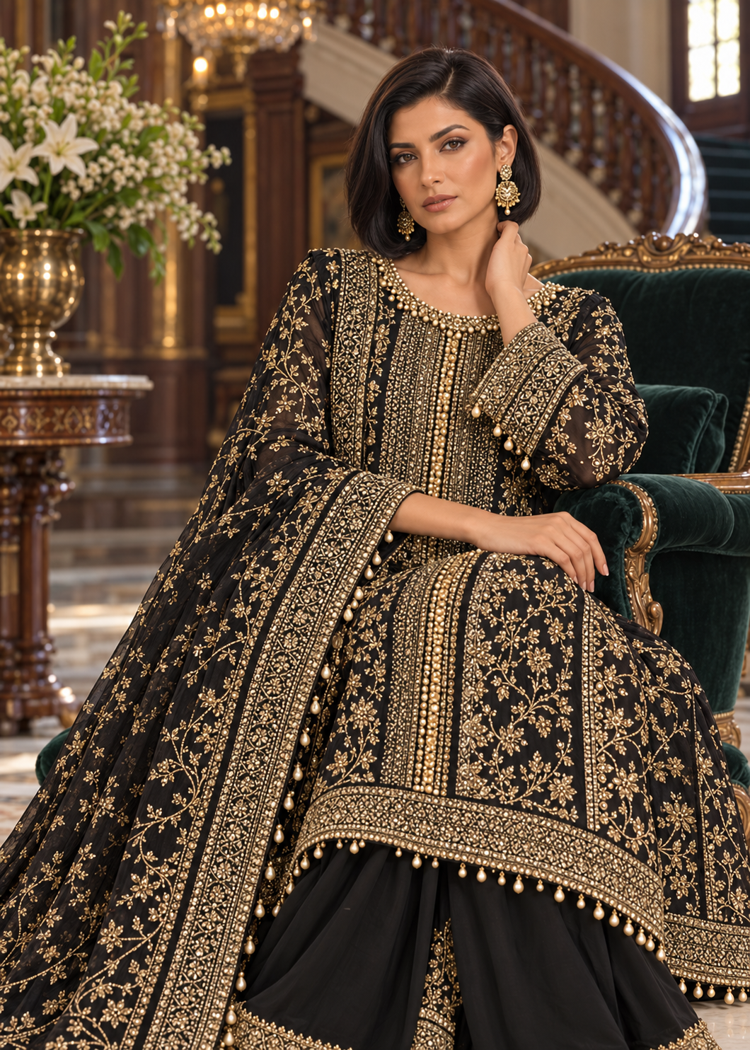 BLACK 3 Piece Embroidered Organza Suit | AL-3881-16