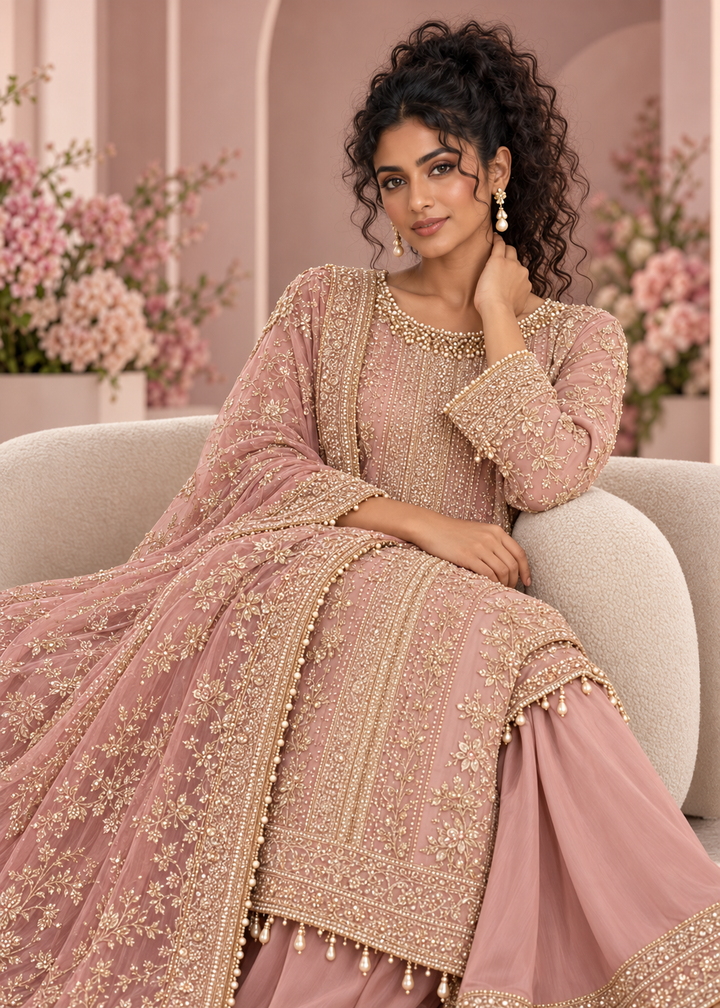 PINK 3 Piece Embroidered Organza Suit | AL-3881-16
