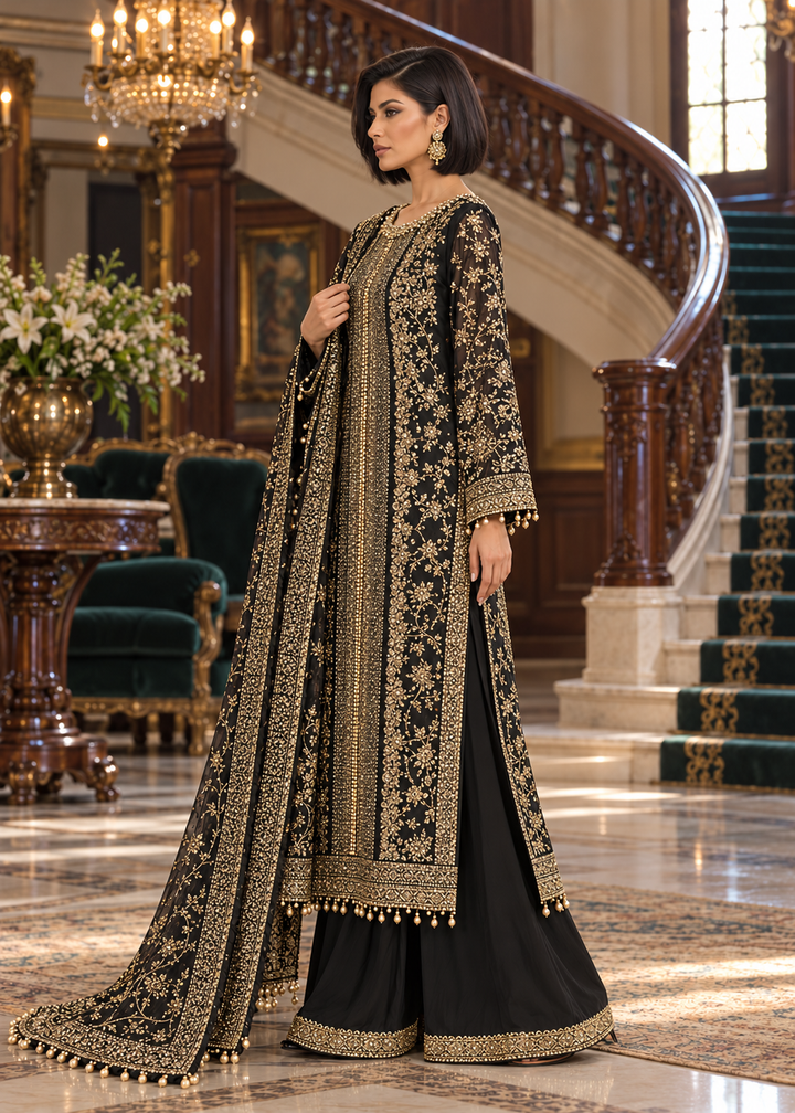 BLACK 3 Piece Embroidered Organza Suit | AL-3881-16