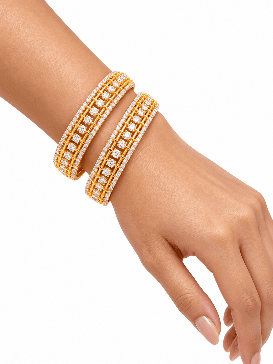 Gold Tone Lattice Bangles with Clear Round Stones | GG-06
