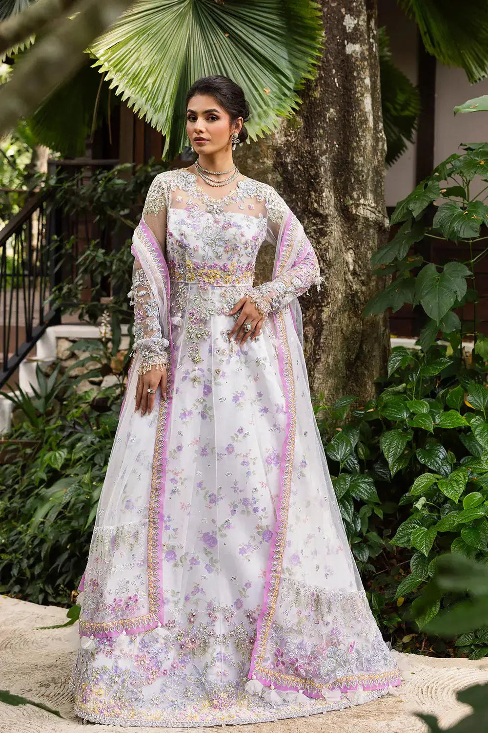SHOP ELINA-SRF25-05 SAIRA RIZWAN EXCLUSIVE stitched net attire featuring pearl white shirt, dupatta, and intricate floral embroidery.
