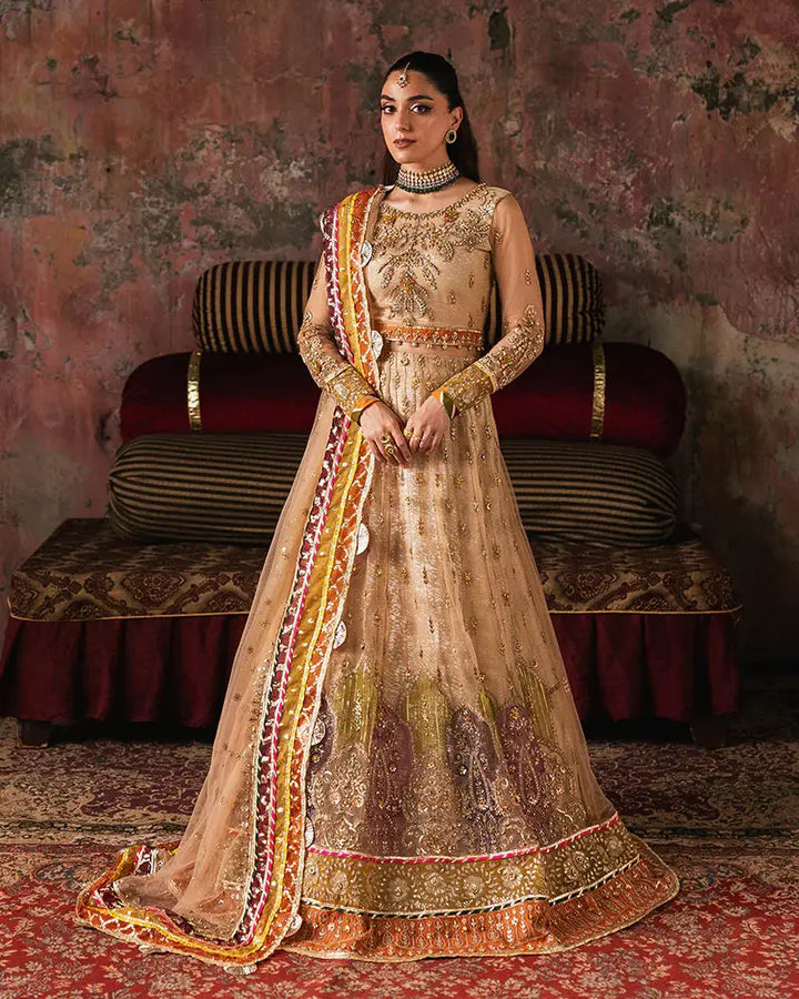 Shop RANGREZA ready to ship Pakistani clothes featuring AL-4271 net embroidered choli with 3D motifs, adda work, and pearl dupatta.