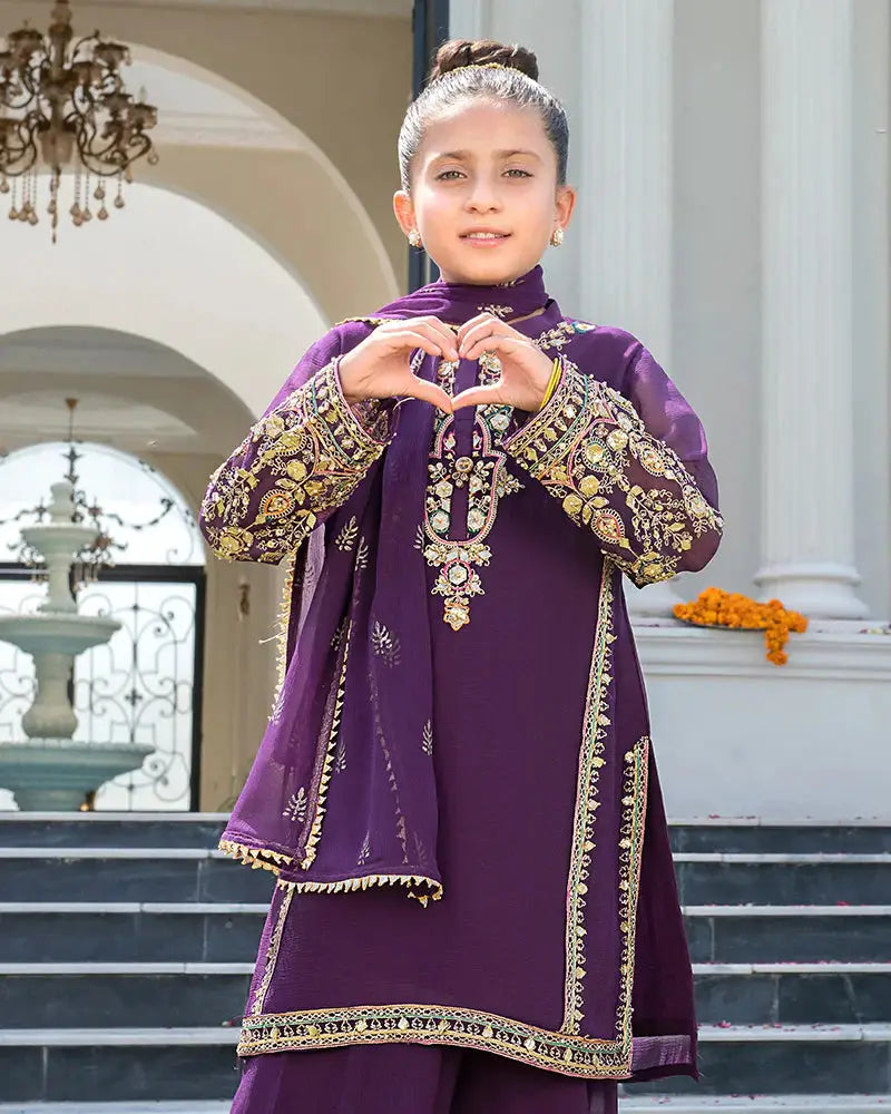 Purple Kids 3 Piece - Girls Dress Shop | Chiffon Shirt, Dupatta featuring gold embroidery and 3D embellishments, modeled outdoors on steps.