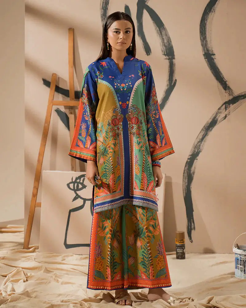 Buy 2 Piece Outfit EA-21 - Sets Women | Raw Silk Co-ord Set featuring a vibrant printed shirt and wide-leg bottom in multicolor for casual elegance.