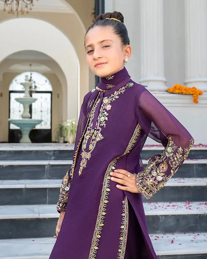 Girls traditional purple 3 piece dress with chiffon shirt and embroidered sleeves, perfect for festive wear from Girls Dress Shop collection.