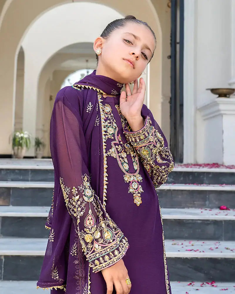 Close-up of purple kids 3 piece outfit with intricate gold embroidery on chiffon shirt, ideal for ceremonial occasions and festive events.