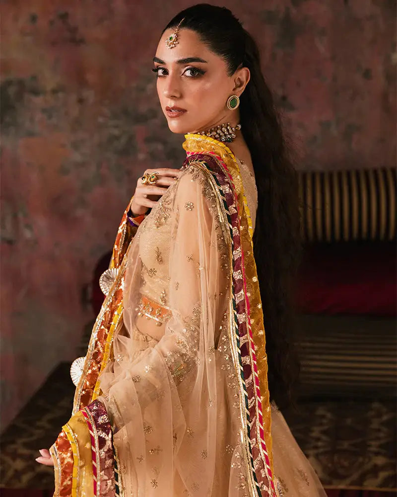 Side view of RANGREZA AL-4271 net embroidered choli with ornate sleeve work and colorful dupatta, ideal for traditional celebrations.