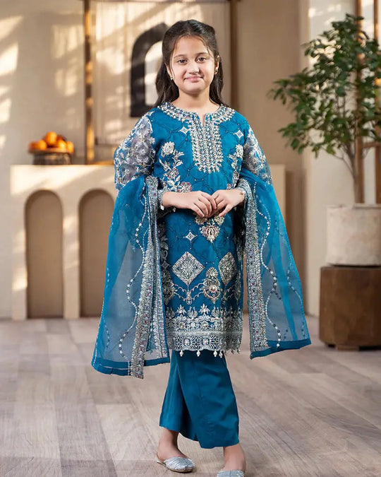 Rangreza Kids Party Organza Wear RR-3955 in teal blue, featuring embroidered shirt with sequins and pearls, paired with organza dupatta and viscose trouser.