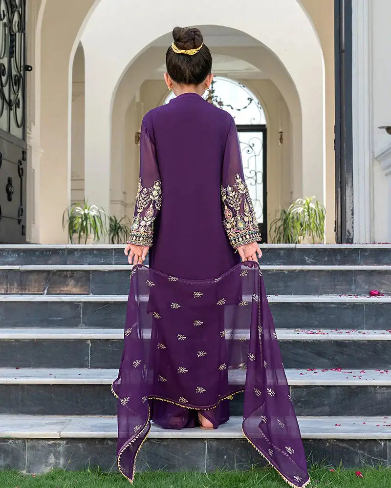 Back view of Purple Kids 3 Piece - Girls Dress Shop outfit showing block print dupatta and flowing chiffon shararah for traditional wear.