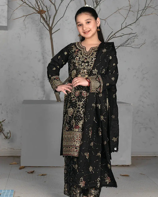 RANGREZA Kid Black girls dress featuring intricate embroidery with sequins, naqshi, and pearls. Includes a matching dupatta and jamawar trouser.