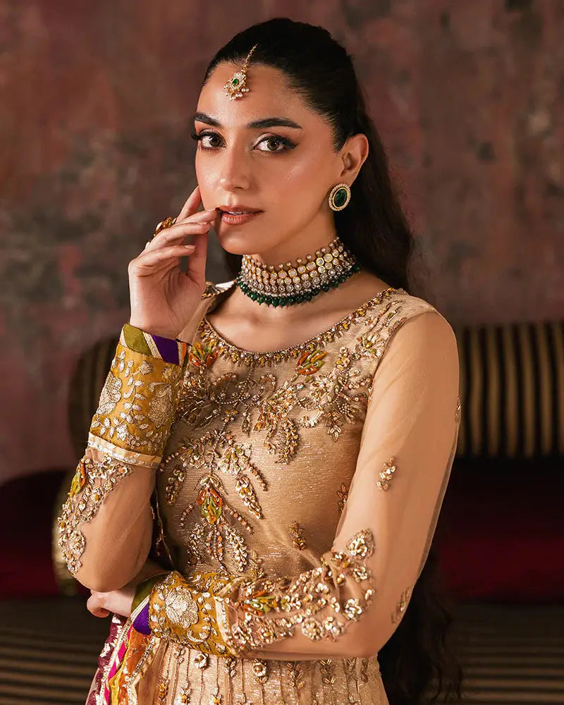 Detailed view of RANGREZA AL-4271 choli highlighting gold threadwork, pearl accents, and luxury craftsmanship in Pakistani apparel.