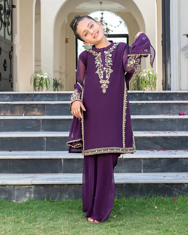 Full front view of kids purple 3 piece dress with detailed embroidery, chiffon shirt, and dupatta, styled for festive and traditional events.