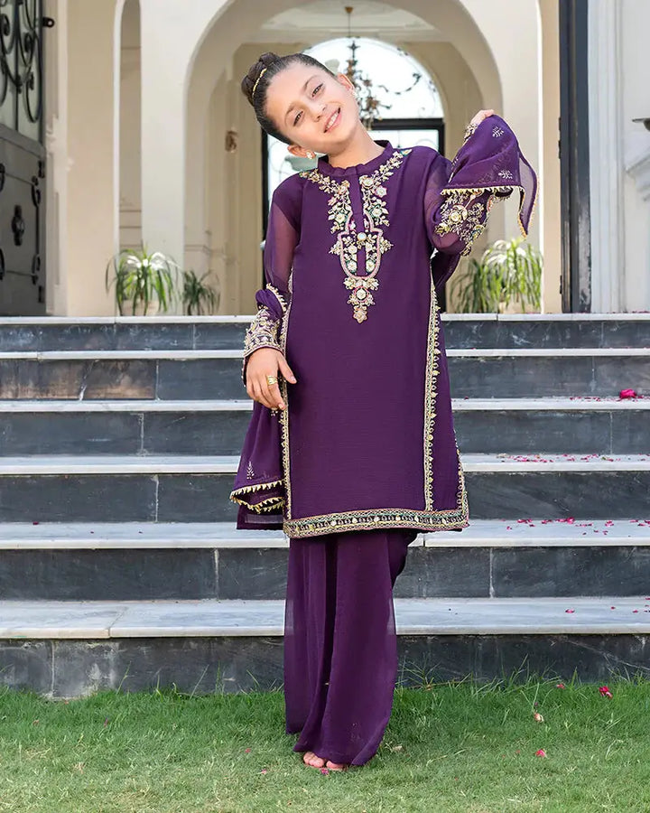 Full front view of kids purple 3 piece dress with detailed embroidery, chiffon shirt, and dupatta, styled for festive and traditional events.