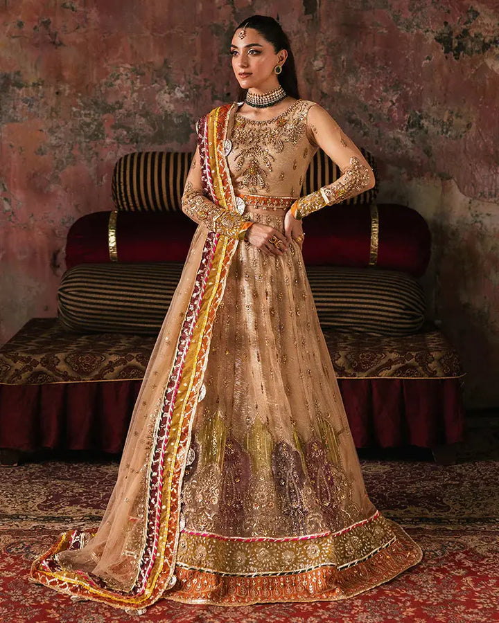 Full-length RANGREZA AL-4271 ready to ship Pakistani outfit with net embroidered choli, 3D floral motifs, and embellished dupatta.