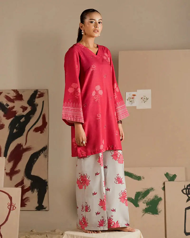 2 Piece Outfit EA-24 stitched dress featuring a deep pink raw silk shirt with floral prints and wide-leg printed trousers, perfect for casual chic wear.