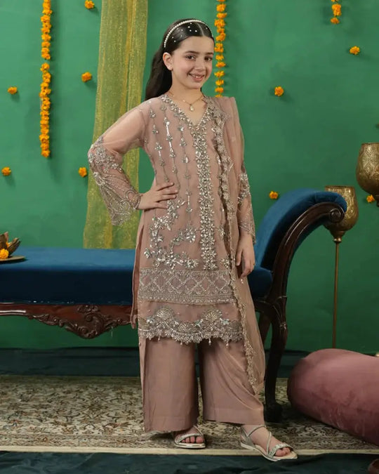 Rangreza Kids RR-3666 Girl Eid Dress featuring a net shirt with intricate sequins and embroidery, paired with a matching net dupatta and viscose plazo.