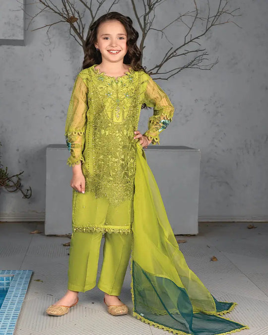 Rangreza RR-4043 green dress for girls featuring an organza shirt with intricate embroidery, pearls, and crystal embellishments. Includes a lace-detailed dupatta and viscose trouser.