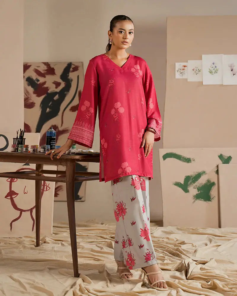 2 Piece Outfit EA-24 stitched co-ord set with a pink floral shirt and grey printed trousers, ideal for modern elegance in everyday fashion.