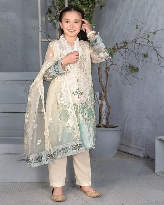 RANGREZA Eid Wear - Kid Green Dress featuring an embroidered shirt with intricate lace details, pearl-adorned dupatta, and matching trousers.