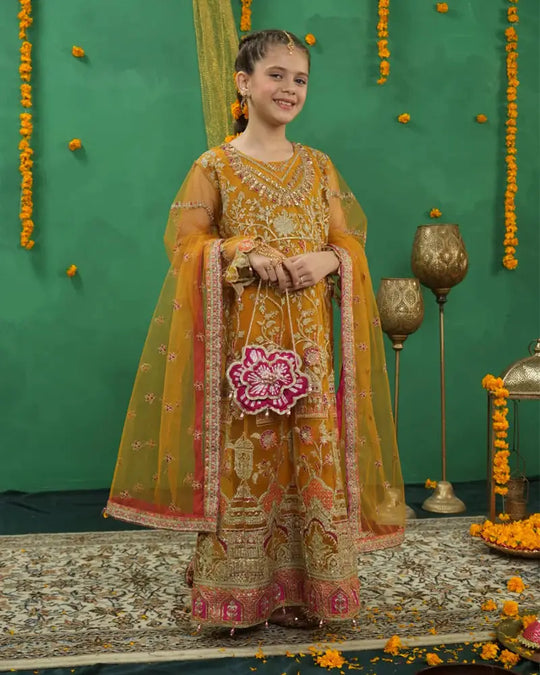 Rangreza kids' long frock RR-4068 in mustard with intricate sequin embroidery and naqshi pearls. Paired with a net dupatta and viscose trouser.