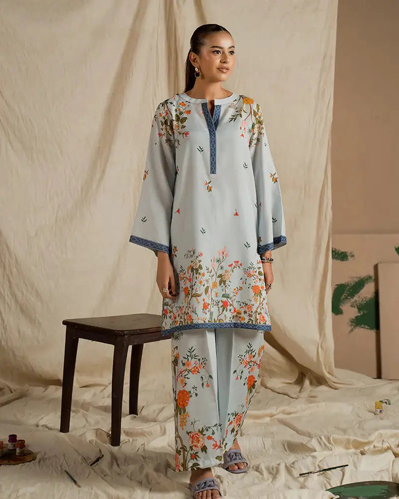 EA-20 2 piece outfits for women everyday Co-ord Set in printed raw silk featuring floral patterns and blue embroidered neckline, ideal for casual wear.