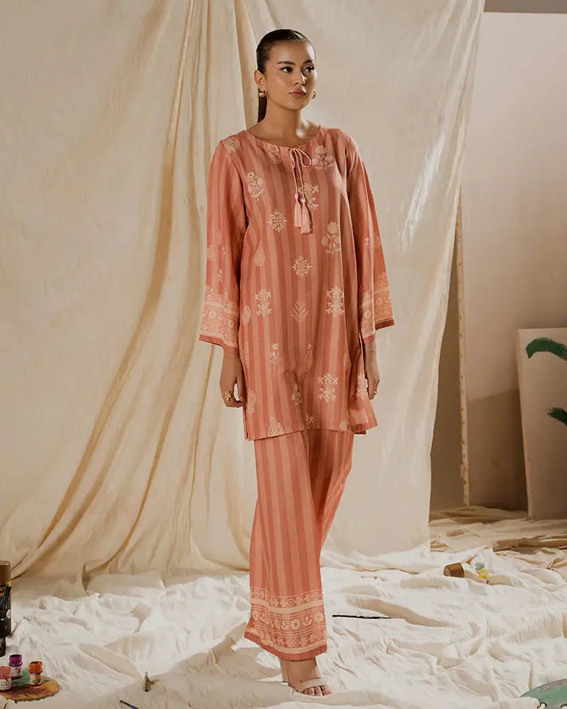 Shop 2 PIECE OUTFIT - Printed Raw Silk Co-ord | Statement Wear in peach with floral motifs and striped design, ideal for casual or semi-formal looks.