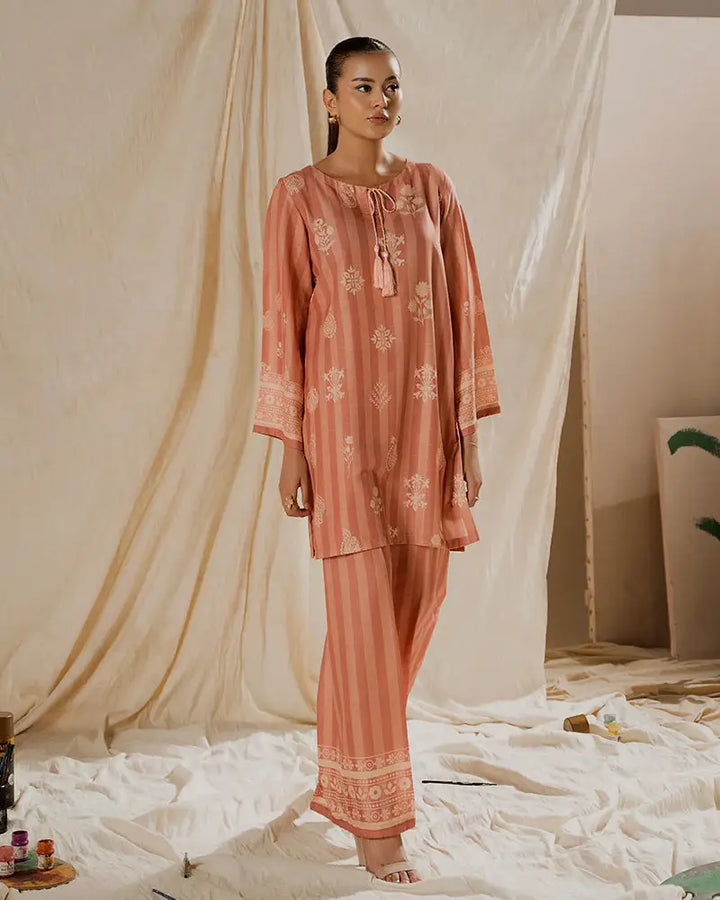 Shop 2 PIECE OUTFIT - Printed Raw Silk Co-ord | Statement Wear in peach with floral motifs and striped design, ideal for casual or semi-formal looks.