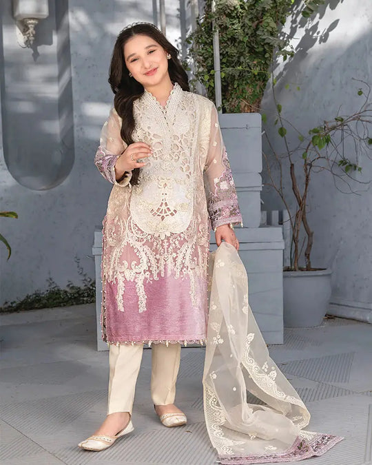 Kid Eid purple dress with embroidered pearl appliques and organza lace. Features a sequin-embellished shirt, velvet details, and a pearl-accented dupatta.