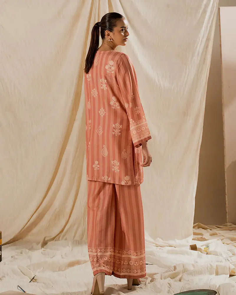 Rear full-length view of 2 PIECE OUTFIT - Printed Raw Silk Co-ord | Statement Wear with floral accents and wide-leg pants for elegant styling.