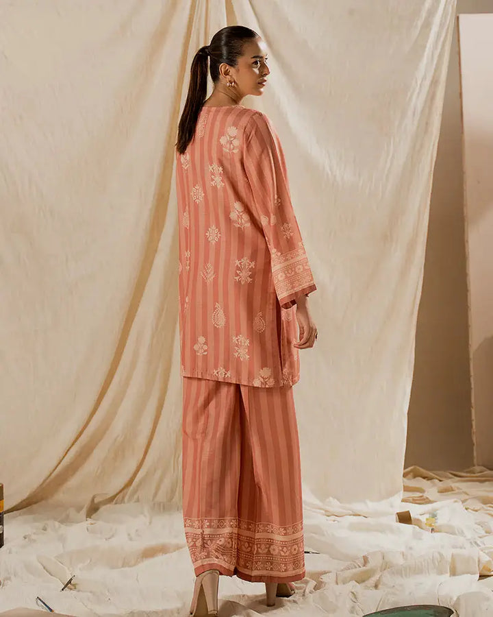 Rear full-length view of 2 PIECE OUTFIT - Printed Raw Silk Co-ord | Statement Wear with floral accents and wide-leg pants for elegant styling.