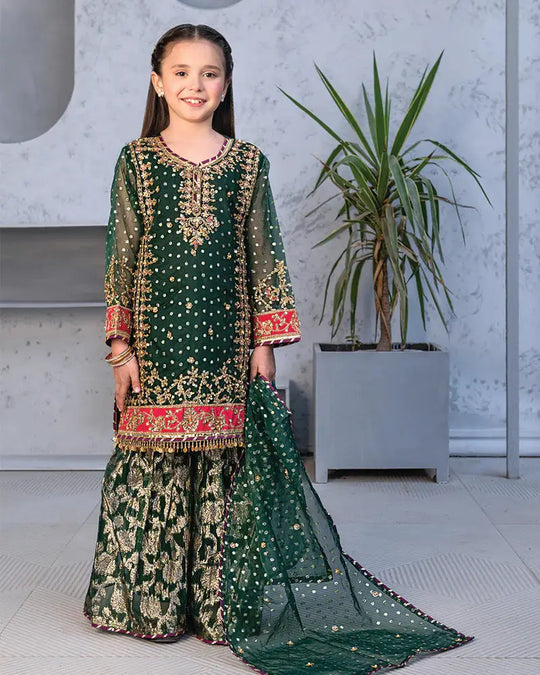 RANGREZA GHRARA GREEN KID set featuring organza lurex embroidery, handcrafted adda work, pearls, and viscose inner with matching dupatta. RR-4014.