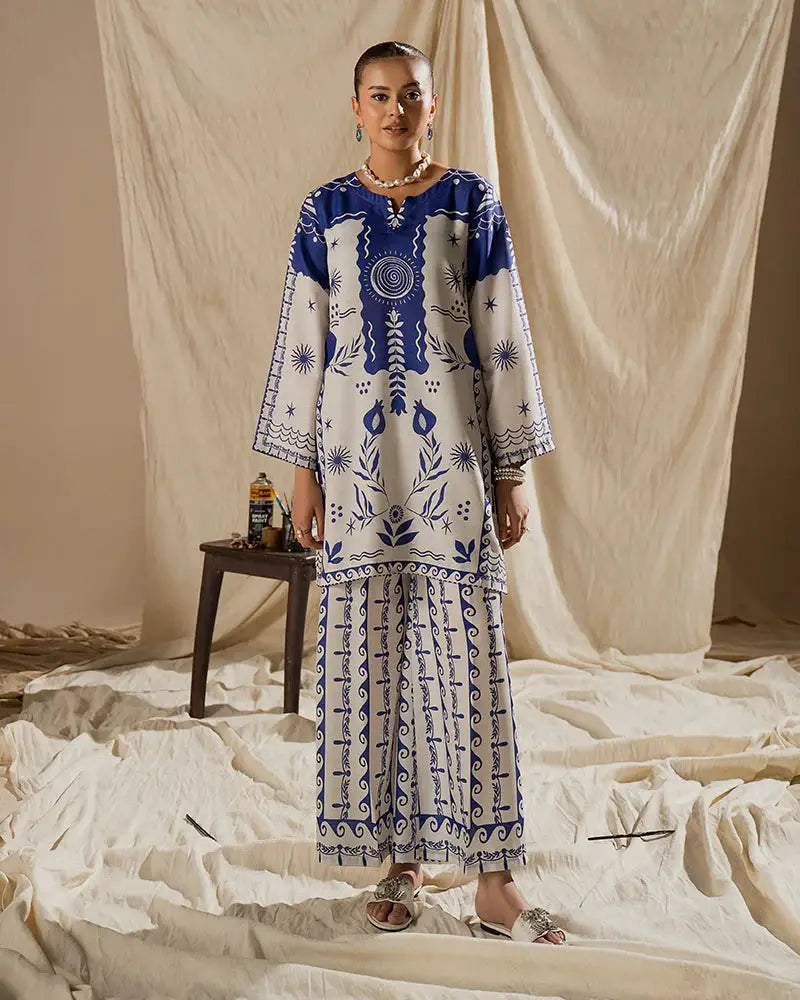 Shop Printed Co-ord Set - Raw Silk 2 Piece Outfit EA-17 featuring a blue and white ethnic pattern shirt and wide-leg bottoms, ideal for elegant wear.