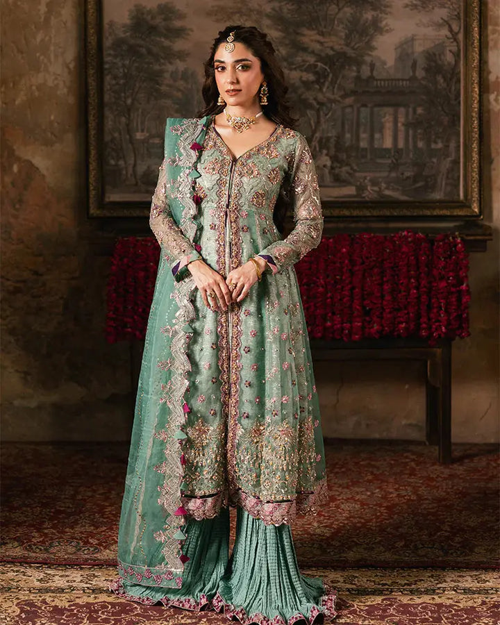 RANGREZA ZAHRA AL-4273 Pakistani formal outfit with embroidered organza shirt, matching dupatta, and pleated bottom in mint green and pink.
