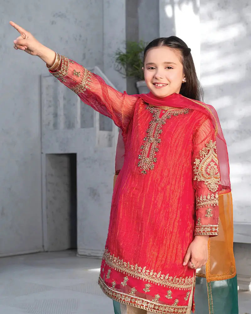 open lace back dress RANGREZA Eid Kids - Red Pakistani Dress for Girl