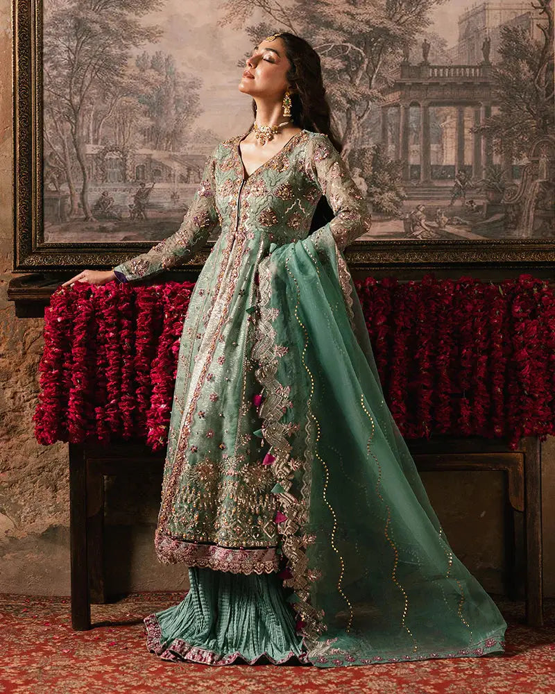 Elegant RANGREZA ZAHRA AL-4273 formal wear featuring sequin and crystal embellishments on a mint green organza shirt with dupatta and sharara.