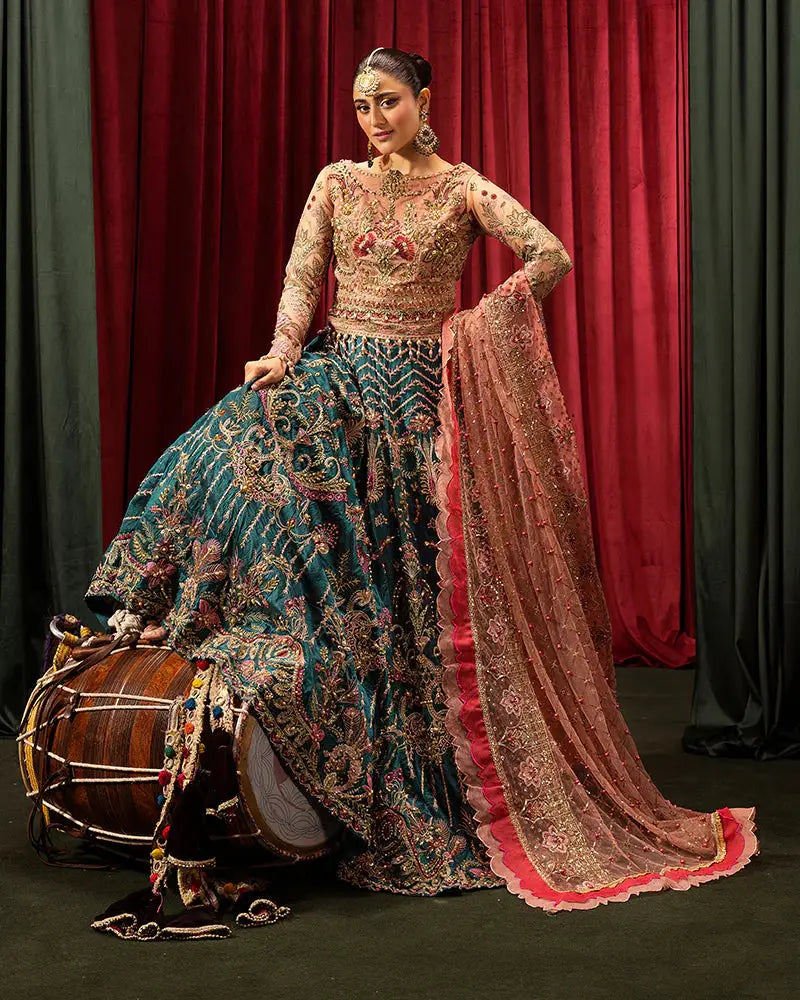 AROOSH FAANA AR-97-3500 lehenga set styled with traditional jewelry, showcasing rich embroidery and festive elegance for events.