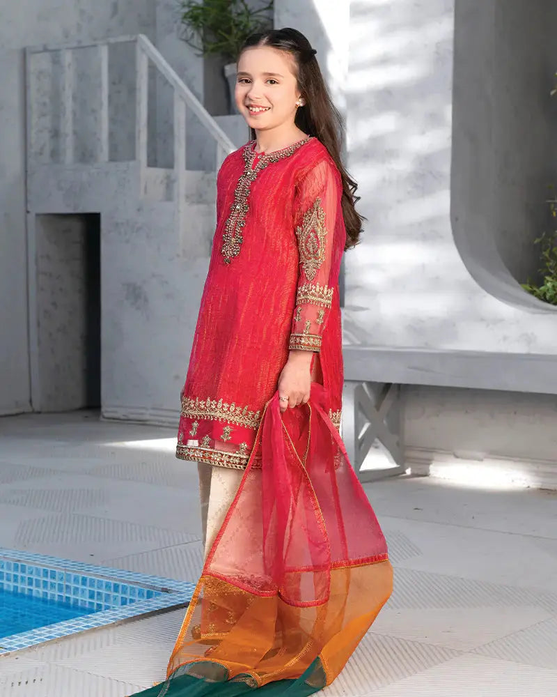 RANGREZA Eid Kids - Red Pakistani Dress for Girl