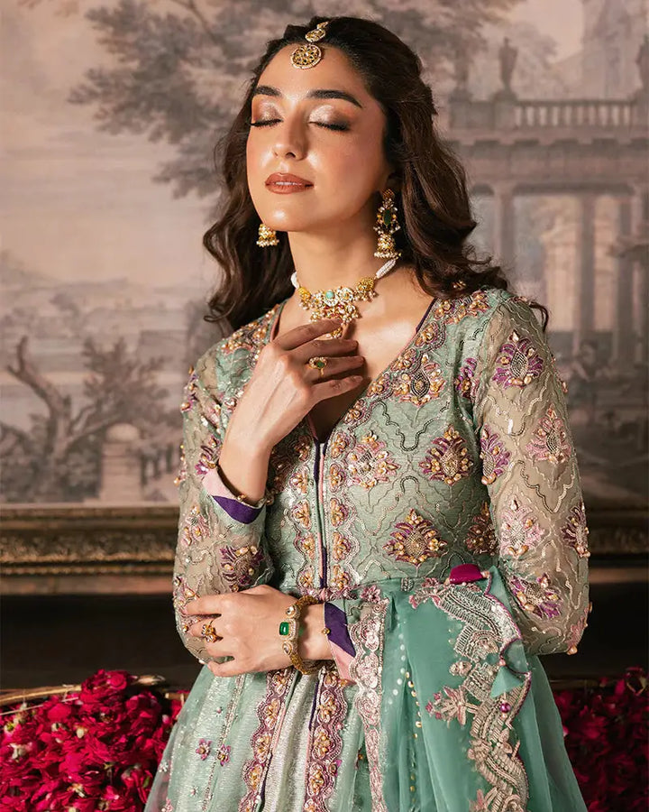 Close-up of RANGREZA ZAHRA AL-4273 showcasing intricate embroidery and crystal work on the organza shirt with floral detailing and jewelry styling.