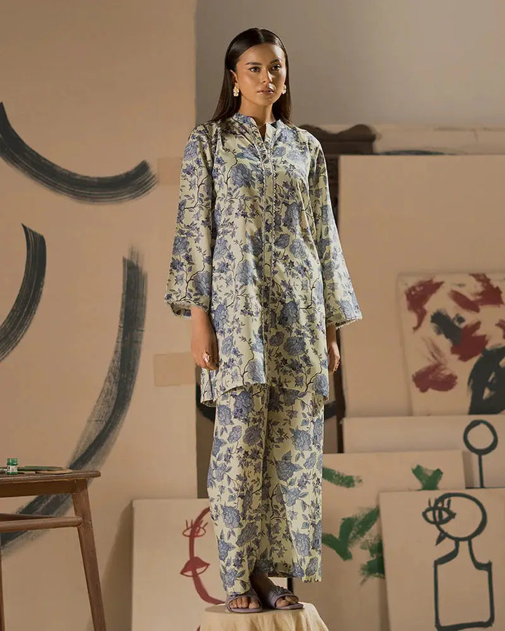 Buy Everyday Urban Outfit - 2 Piece Dress Set | Raw Silk Co-ord featuring a floral printed shirt and bottom in soft beige and blue tones.