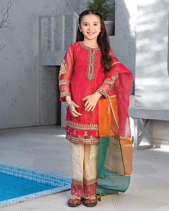 RANGREZA Eid Kids red Pakistani dress for girls, featuring Masoori fabric with intricate embroidery, pearls, and a multicolored organza dupatta.