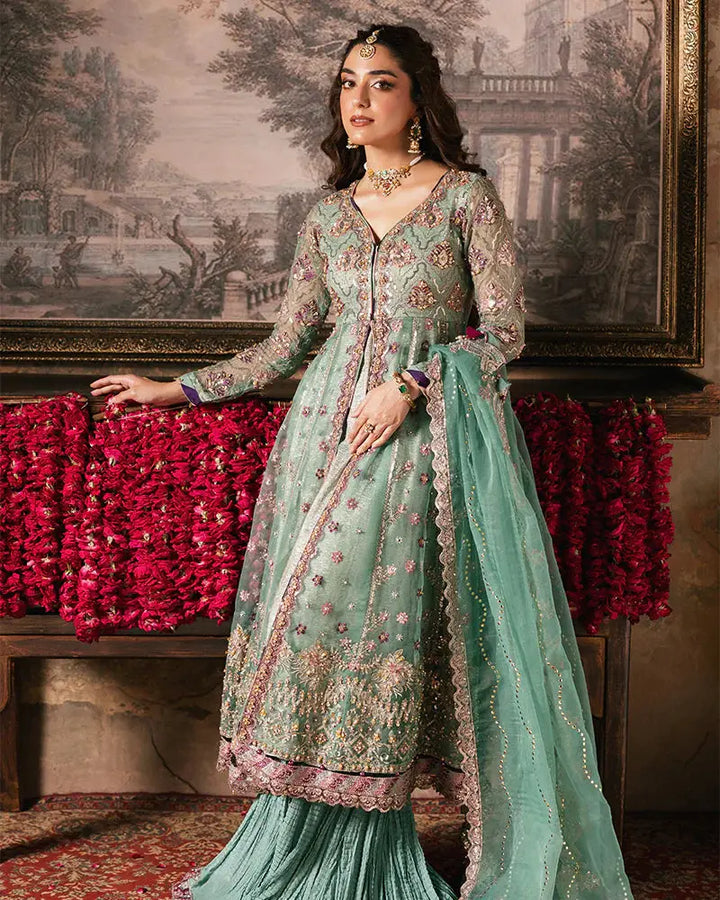 Front view of RANGREZA ZAHRA AL-4273 Pakistani formal dress with detailed embroidery on organza shirt, paired with pleated bottom and dupatta.