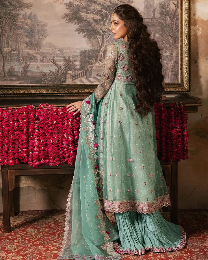 Back view of RANGREZA ZAHRA AL-4273 formal outfit highlighting embroidered organza shirt and flowing dupatta in mint green with pink accents.
