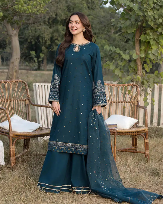 RANGREZA JANAN RR-993 Eid Pakistani outfit featuring a cotton jacquard sequin shirt, organza dupatta, and lace-accented shararah in deep teal.