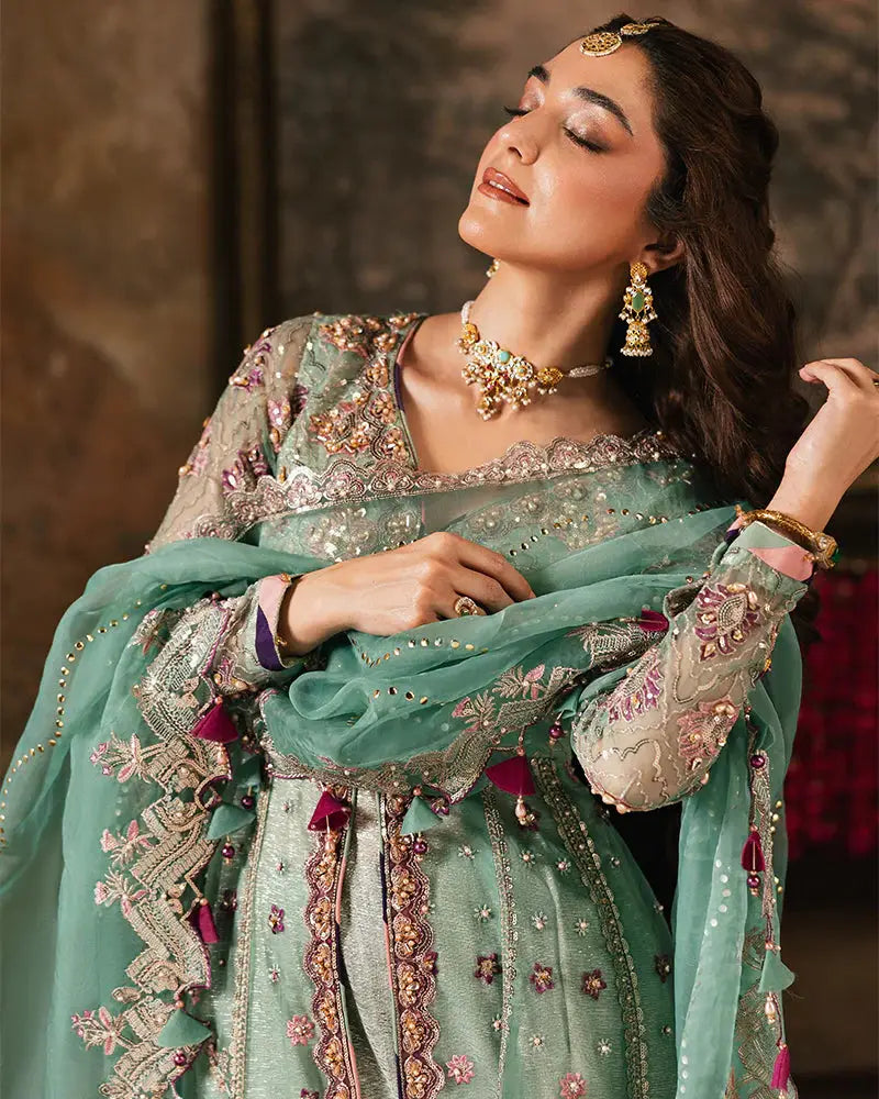 Detailed close-up of RANGREZA ZAHRA AL-4273 organza shirt with sequin, crystal embellishments, and sheer dupatta styled for formal occasions.