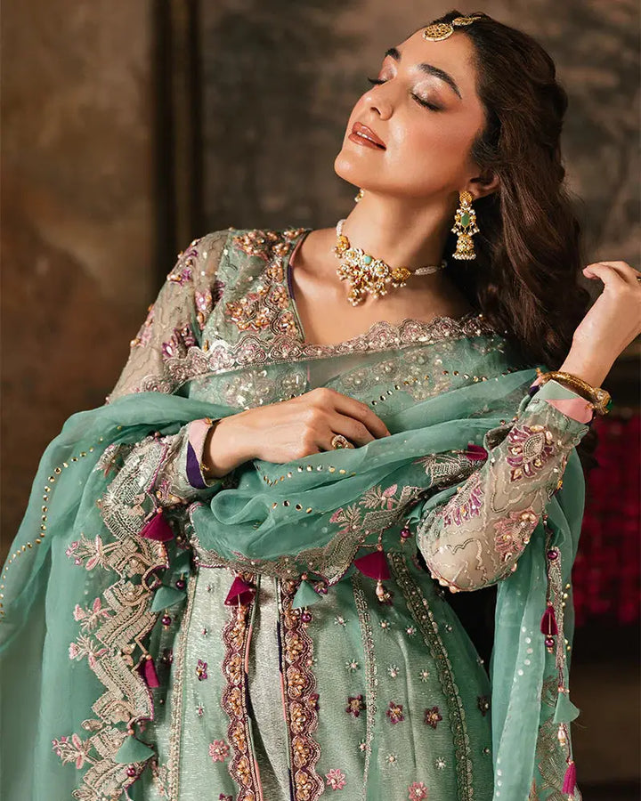 Detailed close-up of RANGREZA ZAHRA AL-4273 organza shirt with sequin, crystal embellishments, and sheer dupatta styled for formal occasions.