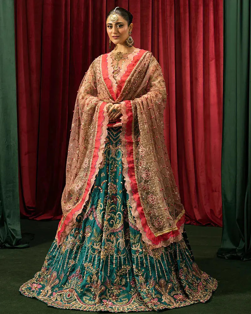 AROOSH FAANA AR-97-3500 lehenga set with pink and gold dupatta draped over teal embroidered skirt, ideal for festive occasions.