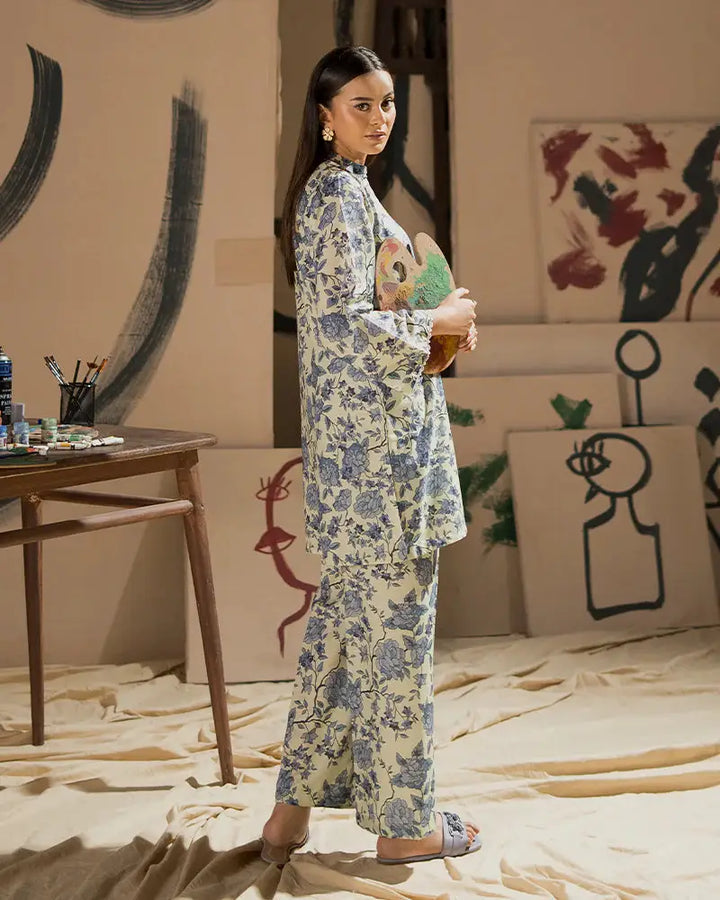 Side view of 2 Piece Outfit | Ea-15 showing full-length printed co-ord set styled with minimal accessories for a modern look.